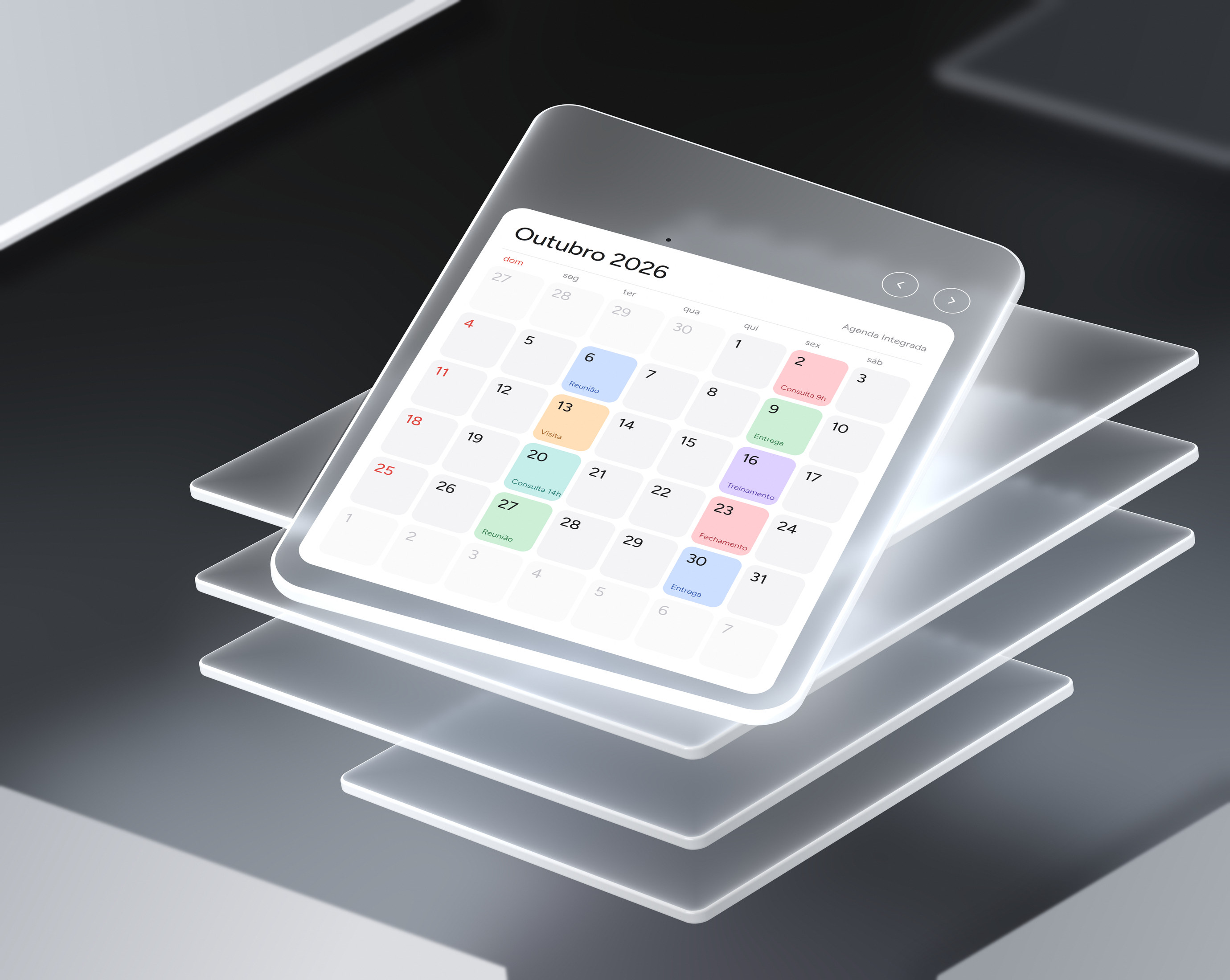 Calendário em camadas de vidro