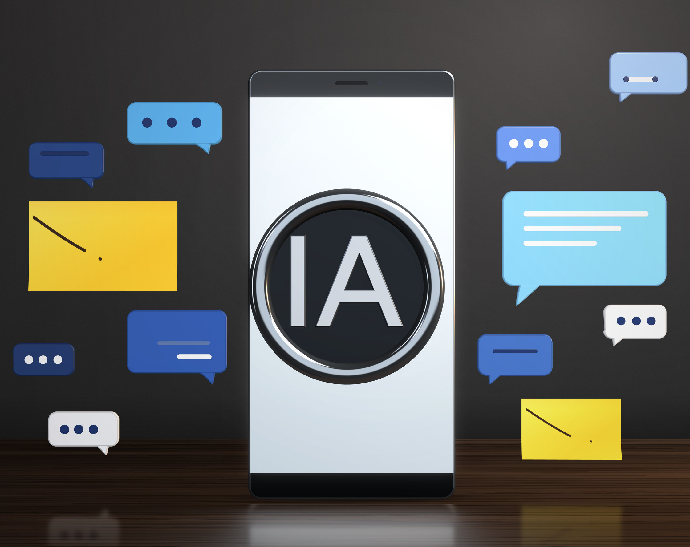Celular com assistente de IA e balões de conversa